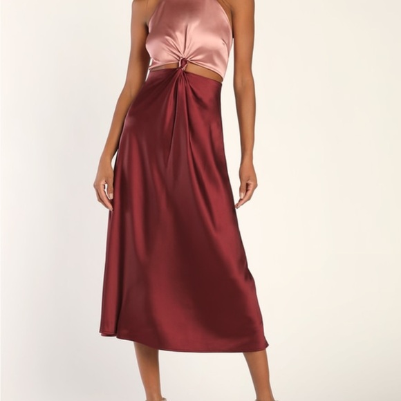 Lulus NWOT Icon Update Burgundy Pink Satin Color Block Knotted Halter Midi Dress - Picture 4 of 15